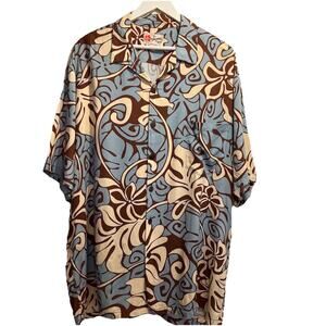 Hilo Hattie Hawaiian Shirt Men's XL Blue Button Up Palm Tiki Luau Party Hawaii